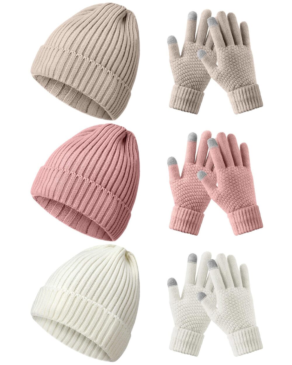 5099 6 Pieces Beanie Winter Hat Gloves Set, Thick Warm Knitted Skull Cap